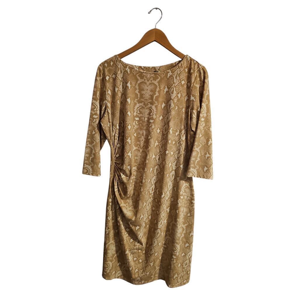 J. McLaughlin sz XL tan white snake print rouched sheath dress Catalina cloth